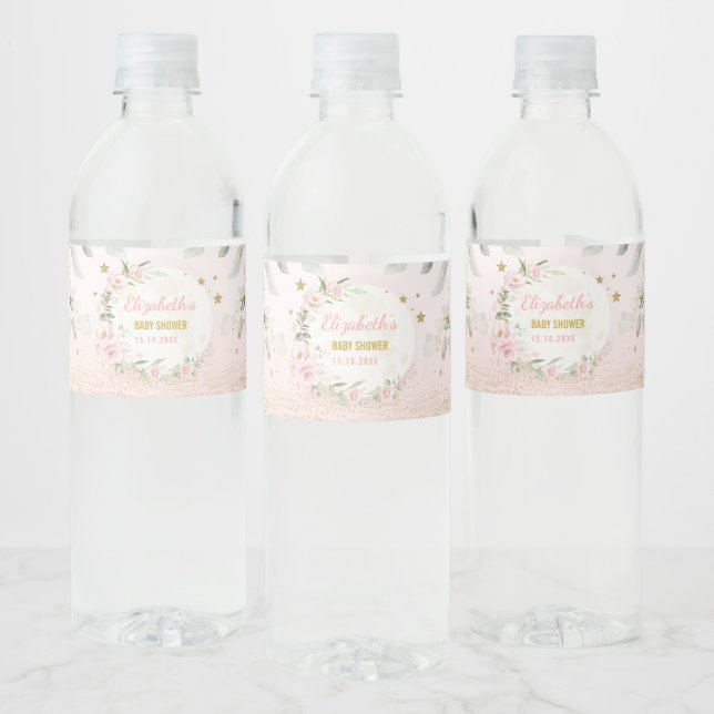 Pretty Moon Pink Gold Twinkle Star Baby Girl Favou Water Bottle Label (Bottles)