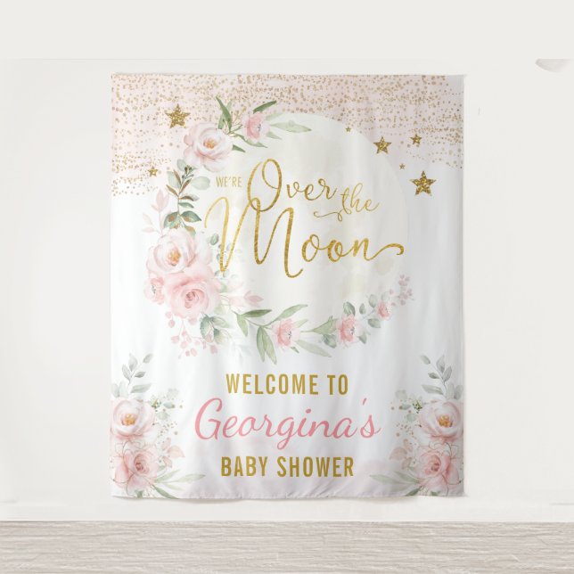 Pretty Moon Stars Blush Floral Baby Girl Welcome Tapestry (Front)
