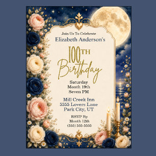 Pretty Moonlit Water Peony 100th Birthday Party Invitation