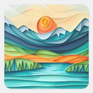 Pretty Mountain Sunset Lake Landscape Abstract Square Sticker