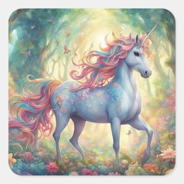 Pretty Multi-Coloured Unicorn Square Sticker   (Front)