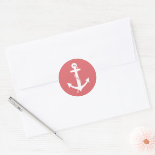 Pretty Nautical Anchor Coral Pink and White  Classic Round Sticker