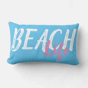 pretty nautical BEACH LIFE lettering on sky blue Lumbar Cushion