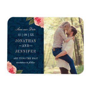 Pretty Navy and Coral Save the Date Postcard Magnet