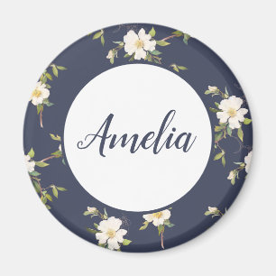 Pretty Navy and White Floral Personalised Magnet