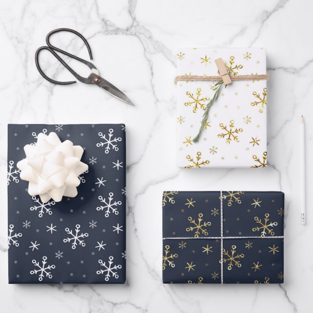 Pretty Navy Blue  Christmas Snowflake Trio Mix Wrapping Paper Sheet (Front)