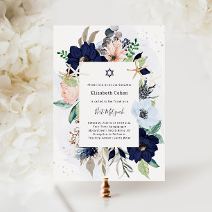 Pretty Navy Blue Nautical Flowers   Bat Mitzvah Invitation