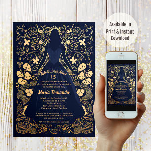 Pretty Navy Gold Mis Quince Años Quinceañera Invitation