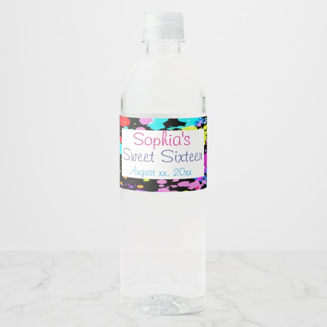 Pretty, Neon Paint Splatter, Sweet Sixteen, Custom Water Bottle Label (Front)