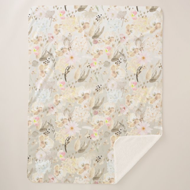 Pretty neutral abstract cream pink floral sherpa blanket (Front)