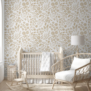 Pretty Neutral Beige Wildflowers Nursery Kids Room Wallpaper