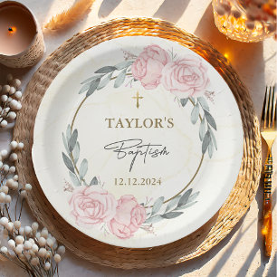 Pretty Neutral Watercolor Floral Baptism Paper Plate