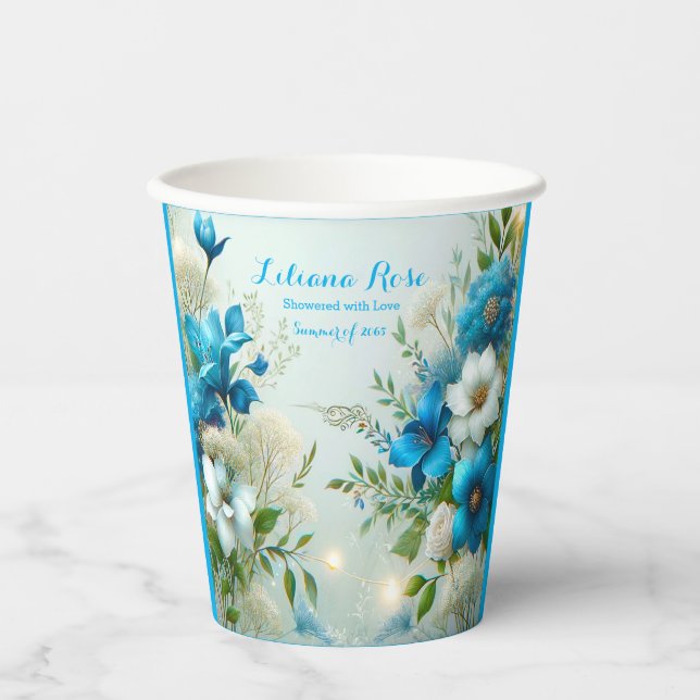 Pretty New Beginnings Floral Blue Bridal Shower  Paper Cups (Front)