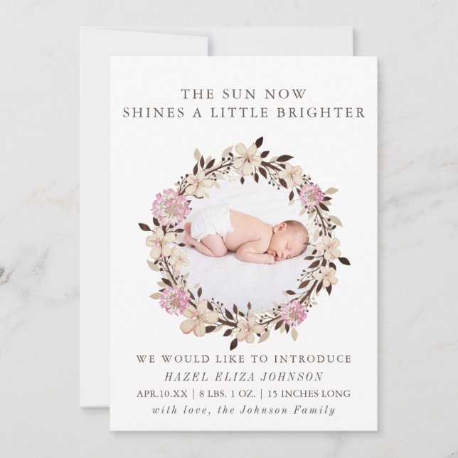Pretty Newborn Baby Girl Photo Floral Wreath Holiday Card (Front)