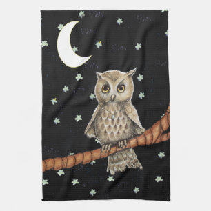 Pretty Night Owl Necklace Moon Stars on Black Tea Towel