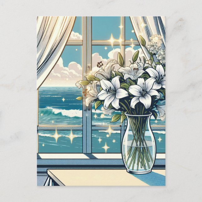 Pretty Ocean View and Vase of Flowers  Postcard (Front)