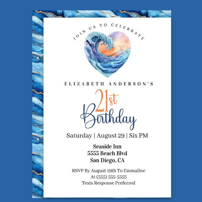 Pretty Ocean Wave Heart 21st Birthday Invitation (Creator Uploaded)