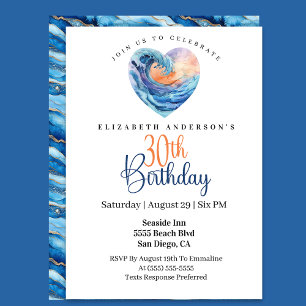 Pretty Ocean Wave Heart 30th Birthday Invitation
