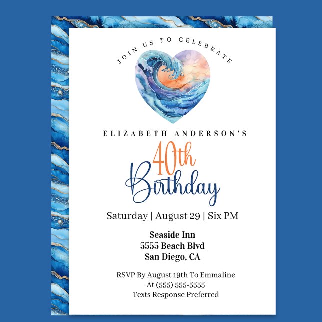 Pretty Ocean Wave Heart 40th Birthday Invitation (Creator Uploaded)