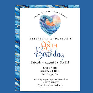 Pretty Ocean Wave Heart 98th Birthday Invitation