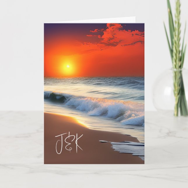 Pretty Ocean Waves and Sunset Anniversary Card (Front)
