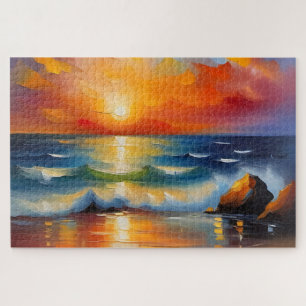 Pretty Oil Painting of orange sunset over ocean Jigsaw Puzzle
