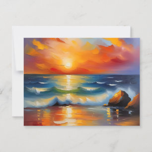 Pretty Oil Painting of orange sunset over ocean Postcard
