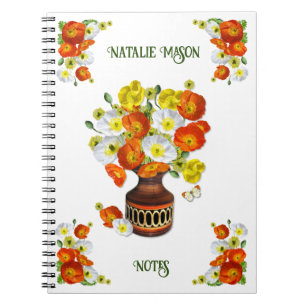 Pretty Orange and White Poppy Custom Text Noteboo Notebook