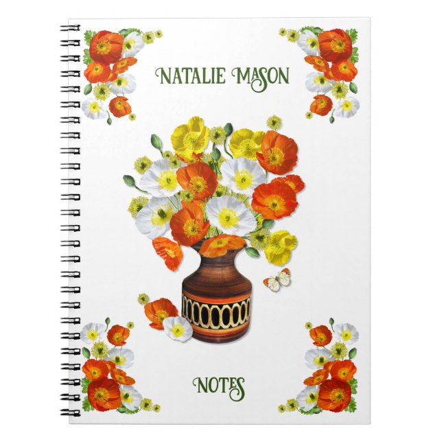 Pretty Orange and White Poppy Custom Text  Noteboo Notebook (Front)