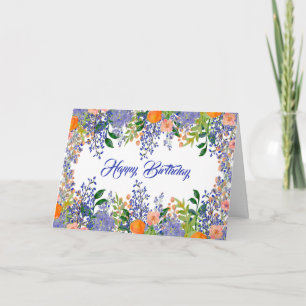 Pretty Orange Blue Floral Watercolor Birthday Card