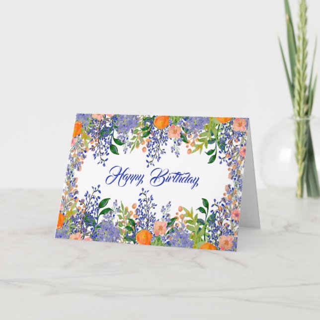 Pretty Orange Blue Floral Watercolor Birthday Card (Front)