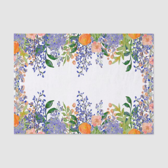 Pretty Orange Blue Floral Watercolor Tissue Paper (Front)