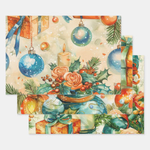 Pretty Orange Blue Green Christmas Themed Wrapping Paper Sheet