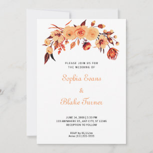 Pretty Orange Bohemian Floral White Wedding Invitation
