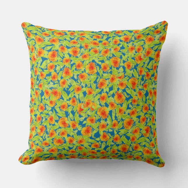 Pretty Orange Country Marigolds on Blue and Green Cushion (Front)