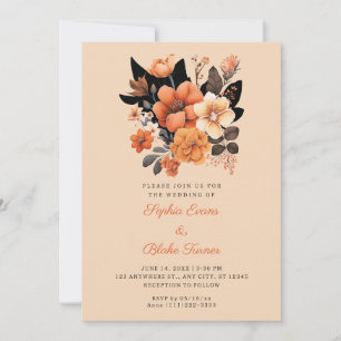 Pretty Orange Floral Bouquet Fall Beige Wedding Invitation