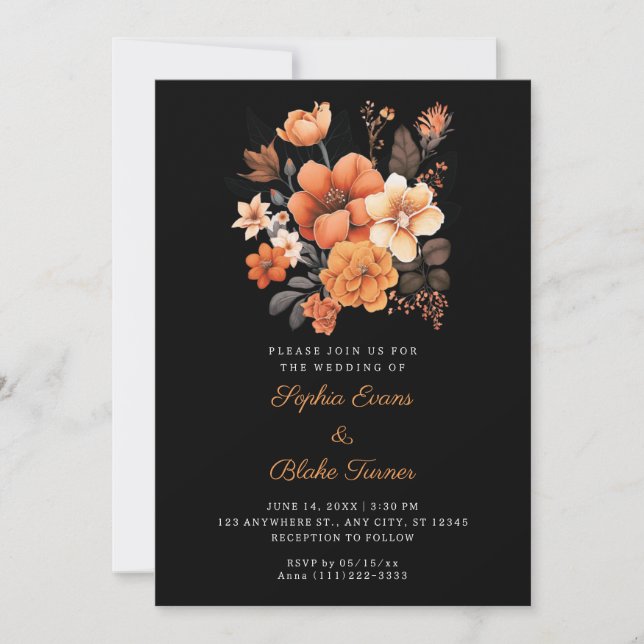 Pretty Orange Floral Bouquet Fall Black Wedding Invitation (Front)