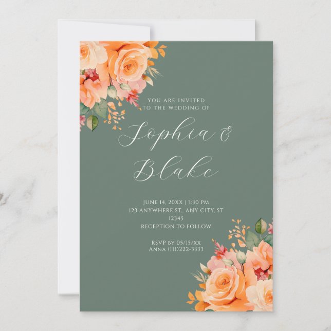 Pretty Orange Floral Elegant Green Wedding Invitation (Front)