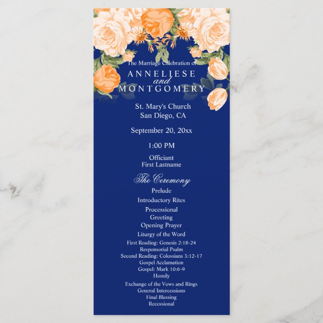 Pretty Orange Floral on Navy Blue - Program Programme (Front)