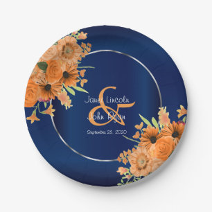 Pretty Orange Flowers on Navy Blue Paper Plate