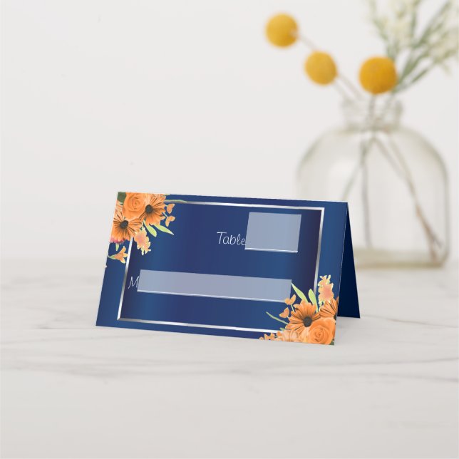 Pretty Orange Flowers on Navy Blue Place Card (Front)