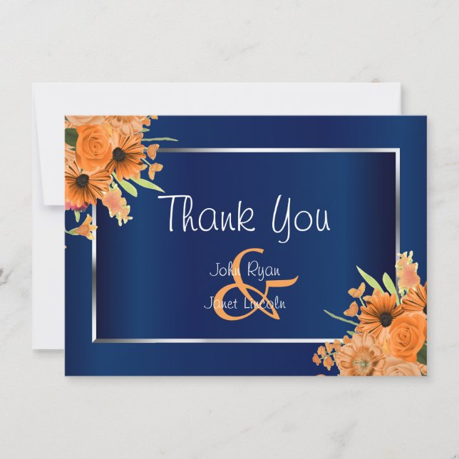 Pretty Orange Flowers on Navy Blue  - Thank You (Front)
