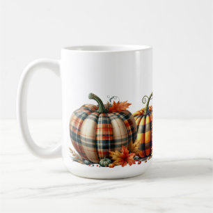 PRETTY ORANGE & GREEN PLAID FALL PUMPKINS COFFEE MUG
