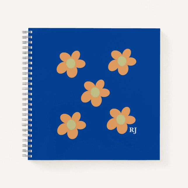 Pretty Orange Happy Flowers +Custom Initial Blue Notebook (Front)
