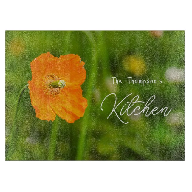 Pretty Orange Poppy Flower Photo On Green And Name Cutting Board (Front)