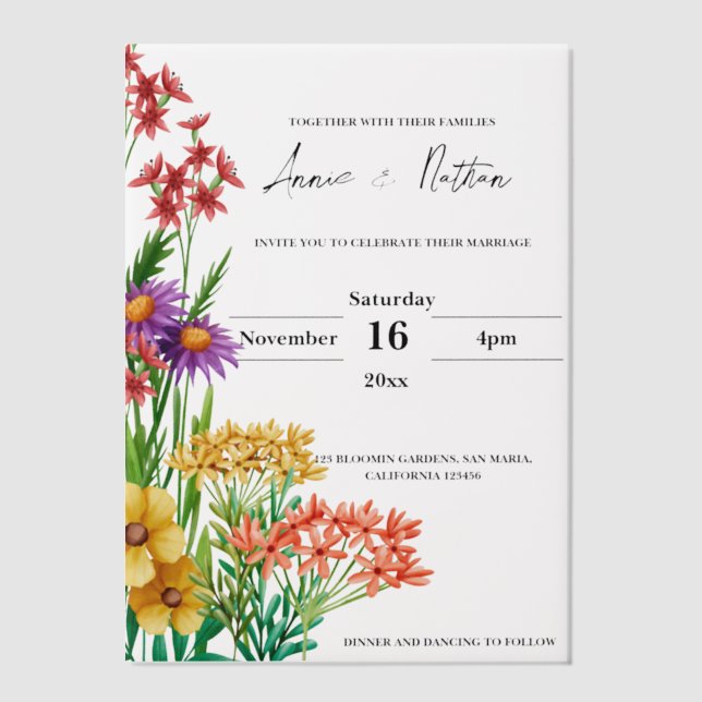 Pretty Orange Purple Wildflowers Floral Wedding Vellum Invitations (Front)