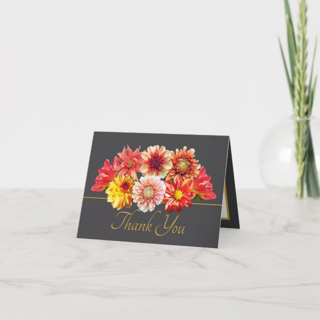Pretty Orange/Red Dahlias Floral Bouquet Thank You Card (Front)