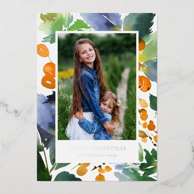 Pretty Orange Watercolor Berries Christmas Photo (Front)