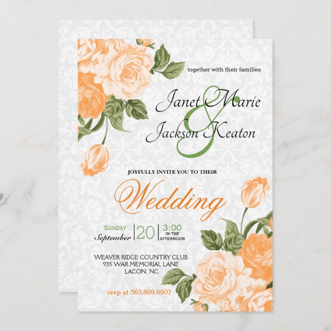 Pretty Orange Wedding Flowers Invitation (Front/Back)