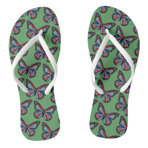 Pretty Ornate Colorful Butterfly Pattern on Green Jandals